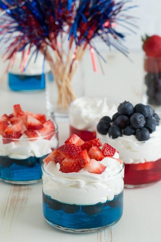 Coppette di Frutta e Gelatina per il 4 Luglio 2 Bicchierino di gelatina blu con panna montata e fragole tritate