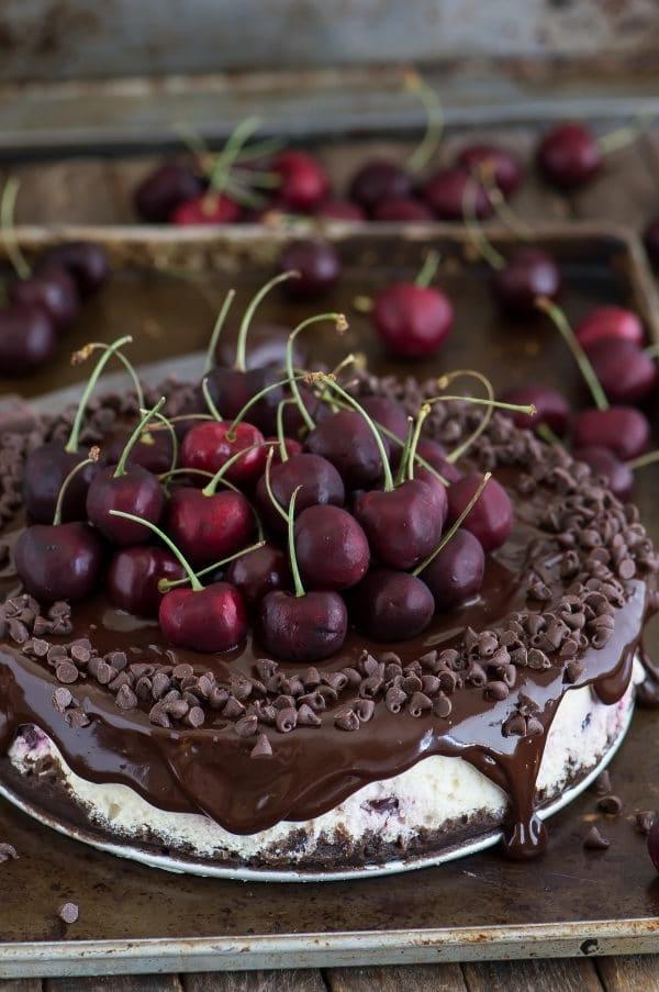 Cheesecake al cioccolato e ciliegie fresche con base al cioccolato, ciliegie nell'impasto e ganache