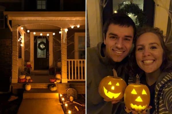 Zucche intagliate e portico di Halloween
