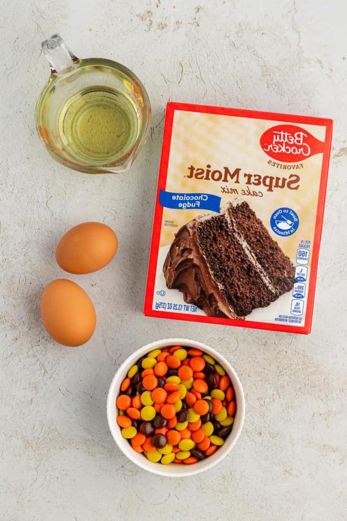 Fare Biscotti dal Mix per Torte 14 Ingredienti per biscotti con preparato per torte Reese's Pieces, inclusi una scatola di preparato per torte al cioccolato, due uova, olio vegetale e una ciotola di Reese's Pieces