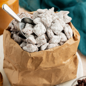 Una borsa marrone piena di puppy chow con un cucchiaio dosatore d'argento al suo interno, e un barattolo di burro d'arachidi e un asciugamano color ottanio scuro sullo sfondo