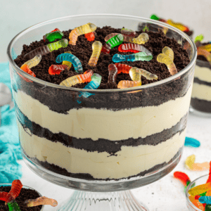 La migliore ricetta per la Torta al Fango 16 Una grande coppa da trifle di torta di terra guarnita con vermi gommosi circondata da piatti più piccoli di torta di terra, vermi gommosi e un asciugamano color ottanio chiaro