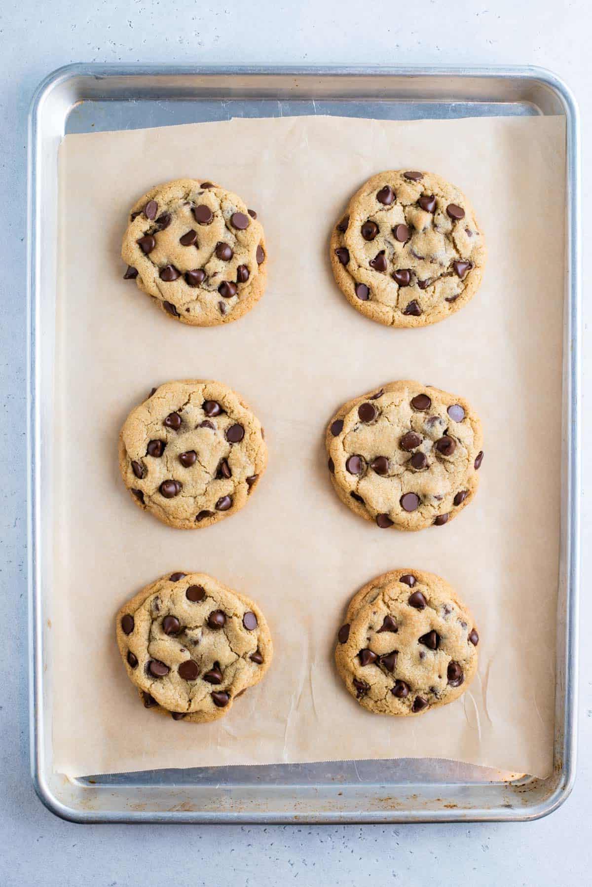 Se ami i biscotti morbidi e gommosi, adorerai questi biscotti con gocce di cioccolato in piccola quantità. Ne produce 6, perfetti per soddisfare una voglia! Visuale dall'alto di 6 biscotti con gocce di cioccolato su una teglia foderata con carta forno