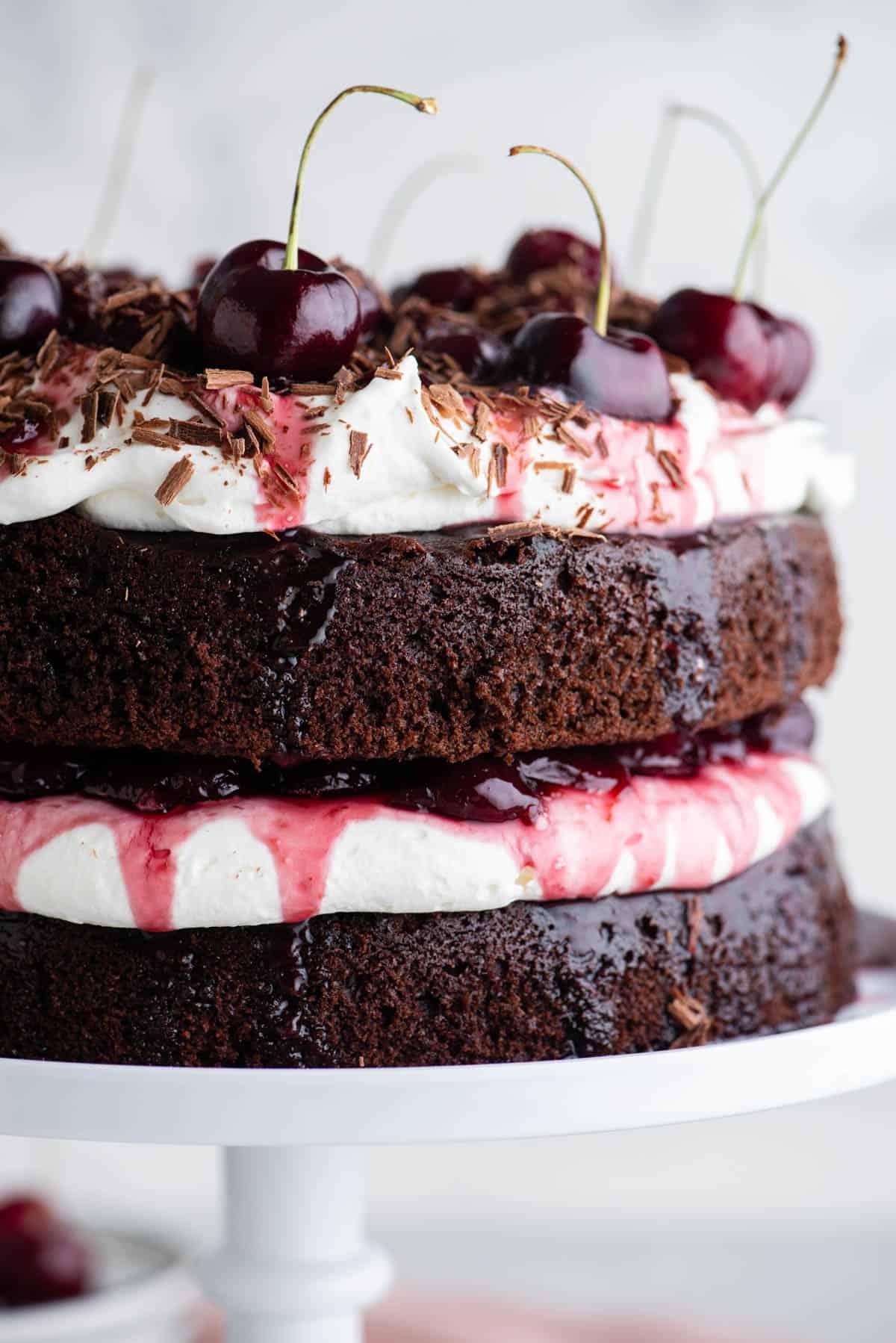 Torta Foresta Nera 3 Primo piano del lato di una Torta Foresta Nera su un'alzatina bianca con strati di torta al cioccolato, panna montata e ripieno di ciliegie