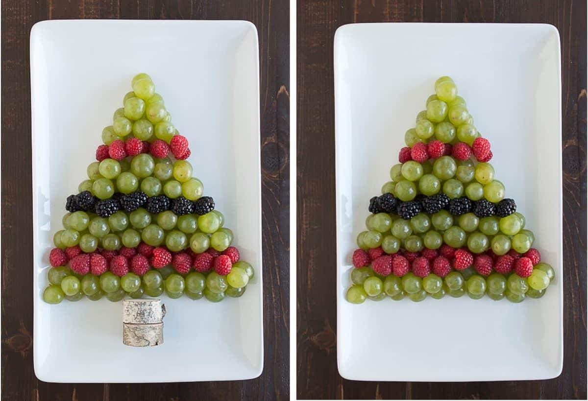 Albero di Natale di Frutta 3 Piatto di frutta a forma di albero di Natale con uva verde, lamponi e more su un vassoio bianco