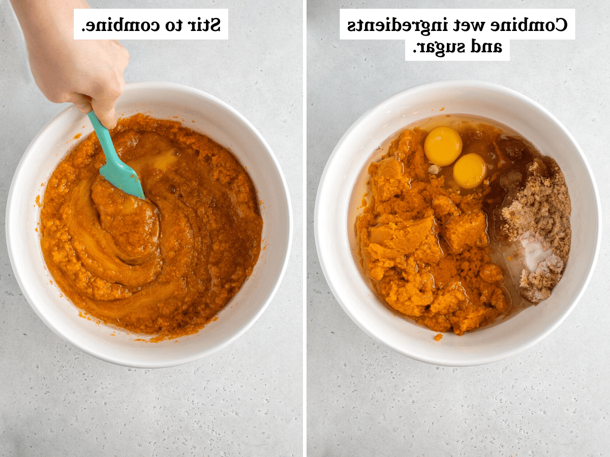 Combinazione degli ingredienti del pane di zucca senza glutine: purea di zucca, uova, zuccheri e olio in una grande ciotola.