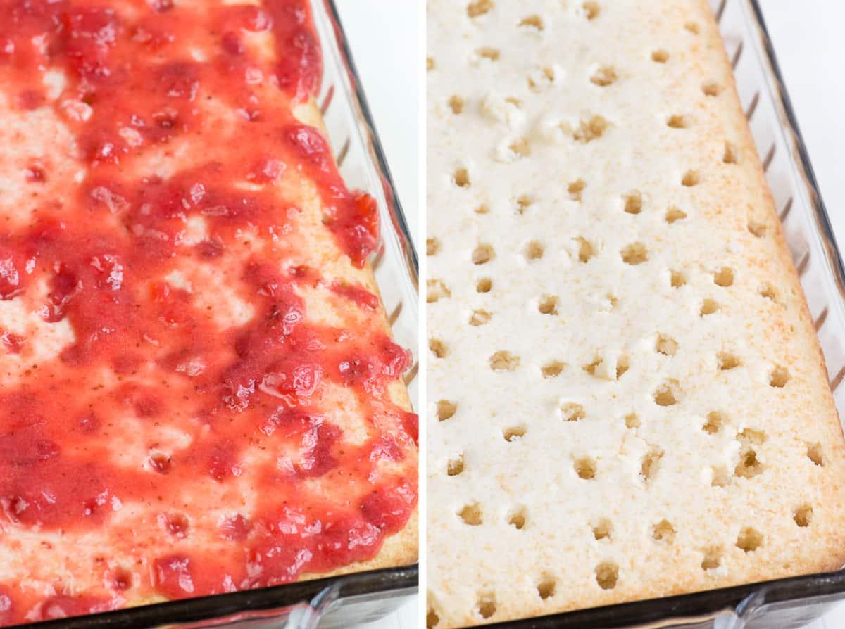 Poke Cake alle Fragole Fresche 3 Vista ravvicinata di una torta poke alle fragole, con fori visibili riempiti di salsa rossa brillante e una leggera copertura di panna bianca.