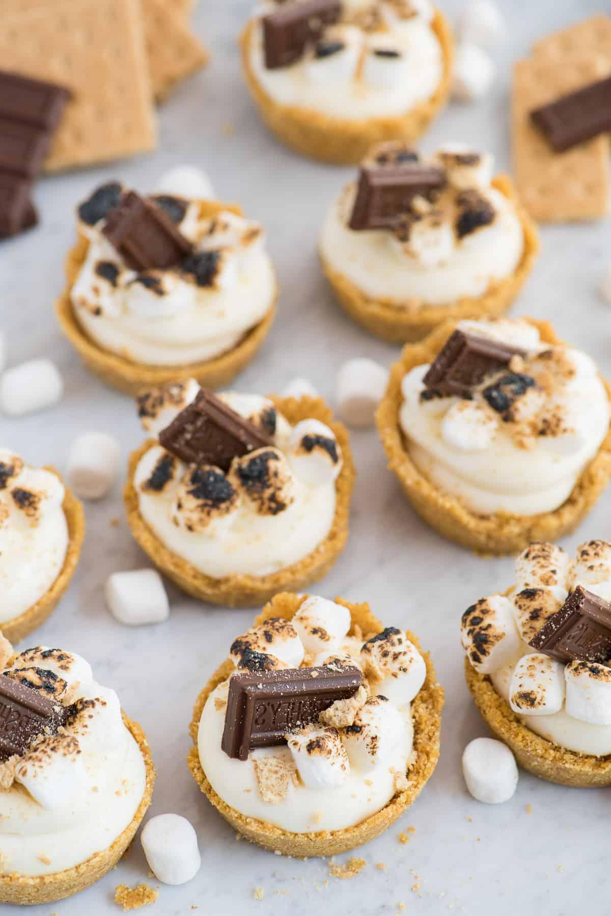 S'mores Cheesecake in Coppette Senza Cottura 3 Un primo piano di Mini Cheesecake S'mores, mostrando la stratificazione di biscotto, crema e guarnizioni