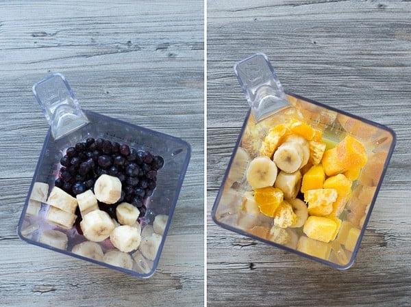 Questo smoothie hawaiano ai frutti di bosco a due strati presenta uno strato arancione al mango e uno strato ai frutti di bosco! Guarnisci lo smoothie con uno spiedino di frutta fresca!