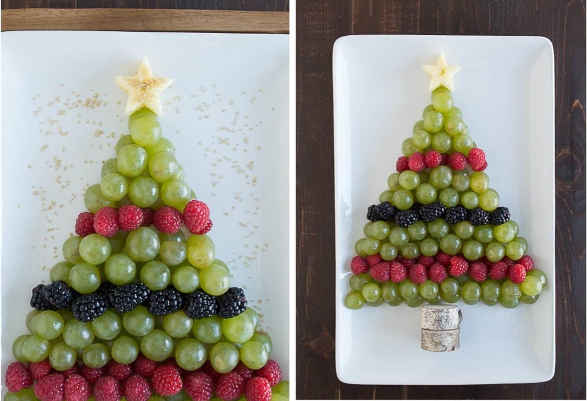 Albero di Natale di Frutta 4 Piatto di frutta a forma di albero di Natale con uva verde, lamponi e more su un vassoio bianco