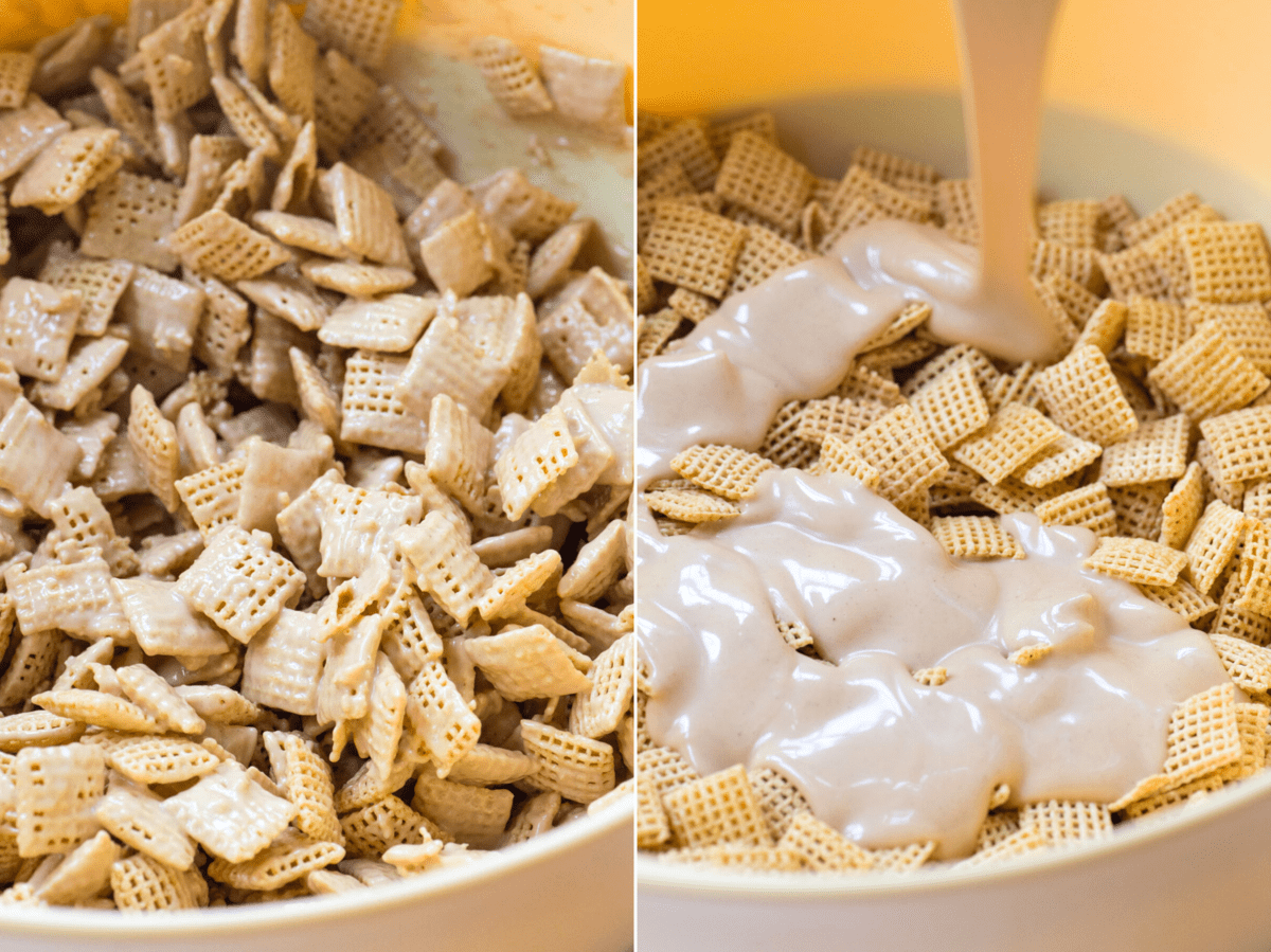 **Dolcetti Croccanti al Cioccolato Bianco di Capodanno** 4 how to make white chocolate puppy chow collage image
