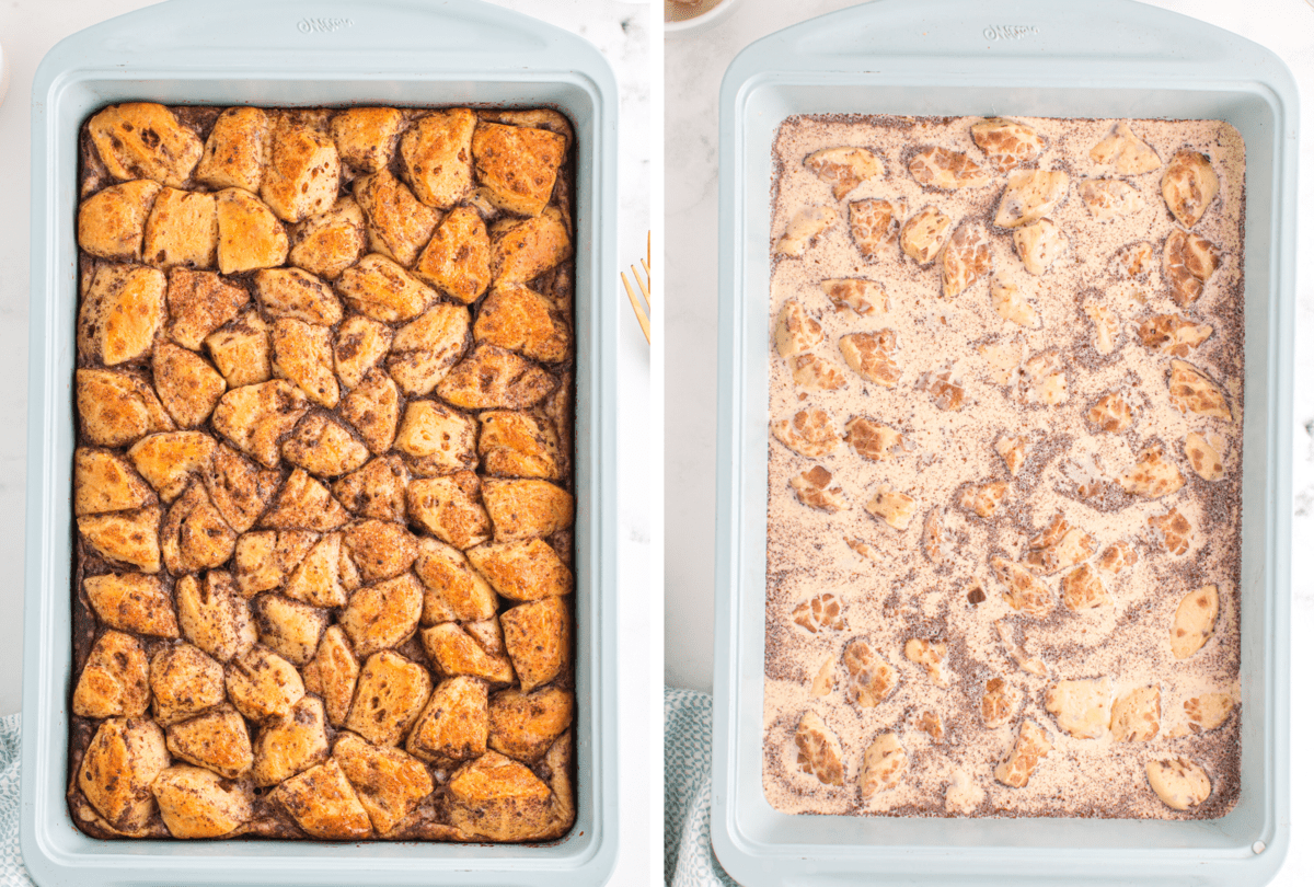 Facile Sformato di Girelle alla Cannella 4 unbaked cinnamon roll casserole in light blue baking dish on white background
baked cinnamon roll casserole in light blue baking dish on white background