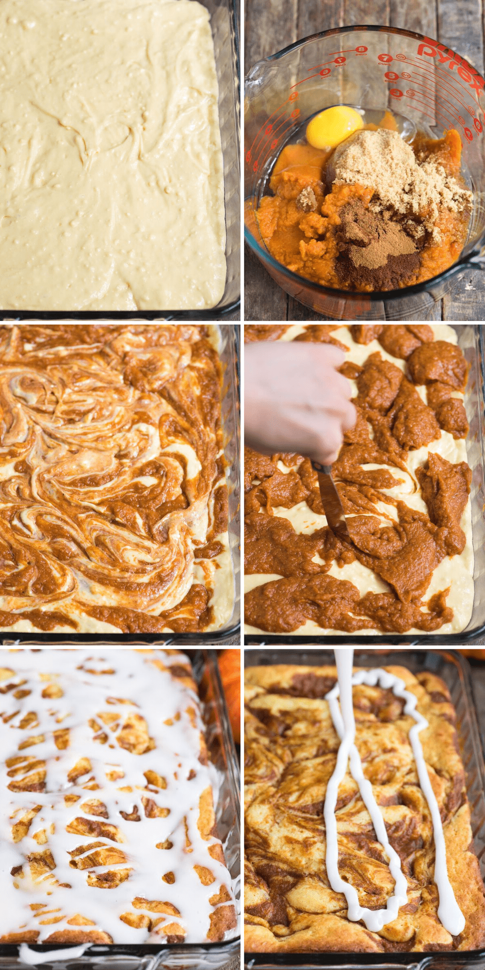 Facile Torta alla Zucca Marmorizzata 4 Collage di immagini che mostrano come preparare una torta di zucca facile con preparato per torta.