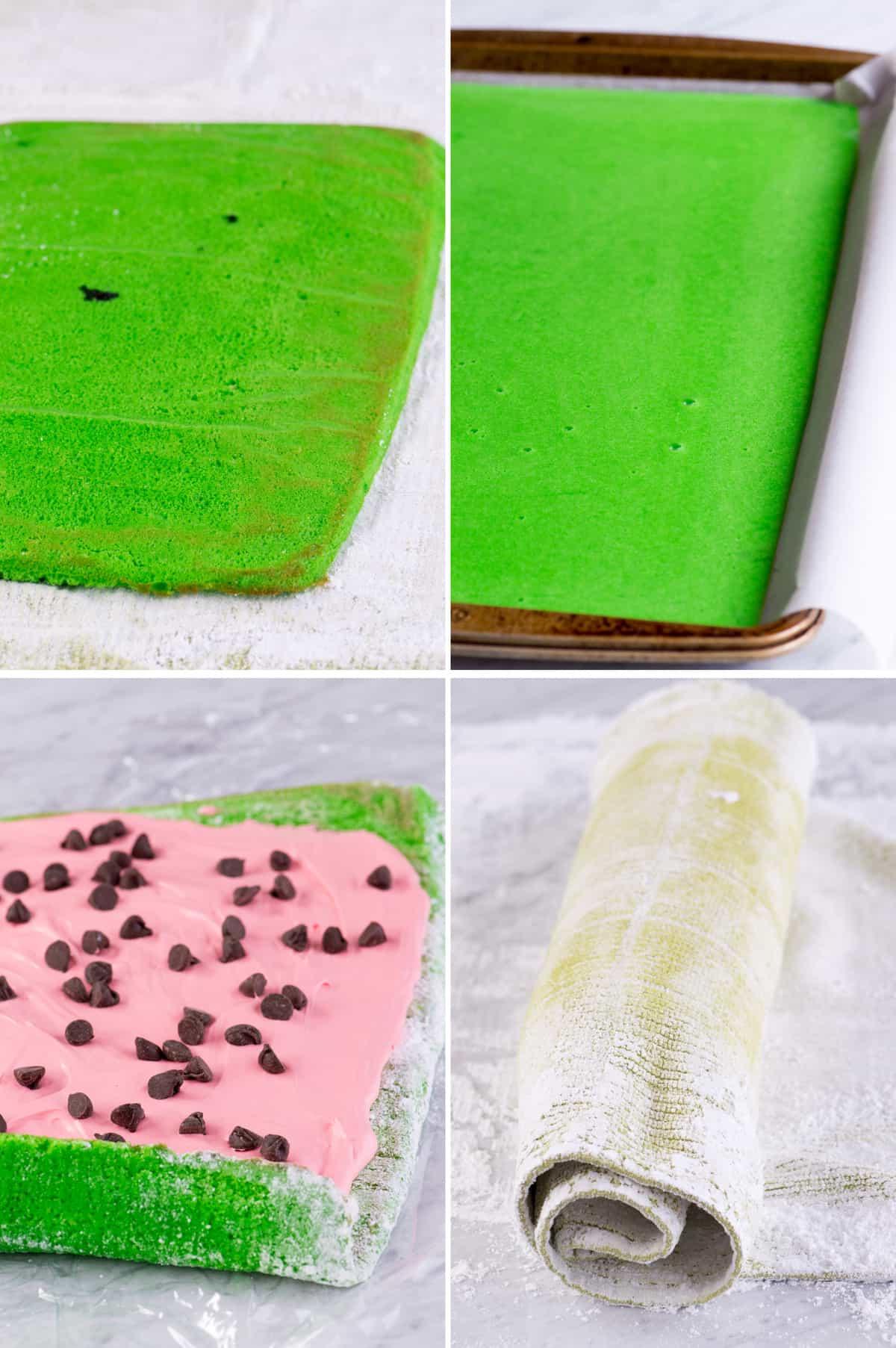 Un magnifico rotolo di torta anguria, con l'esterno verde decorato con cocco grattugiato e l'interno rosa con gocce di cioccolato, pronto per essere affettato.