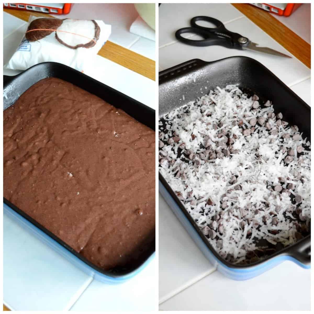 Torta Terremoto 4 2 foto di ingredienti in teglia 9x13 pollici - gocce di cioccolato e cocco e pastella per torta