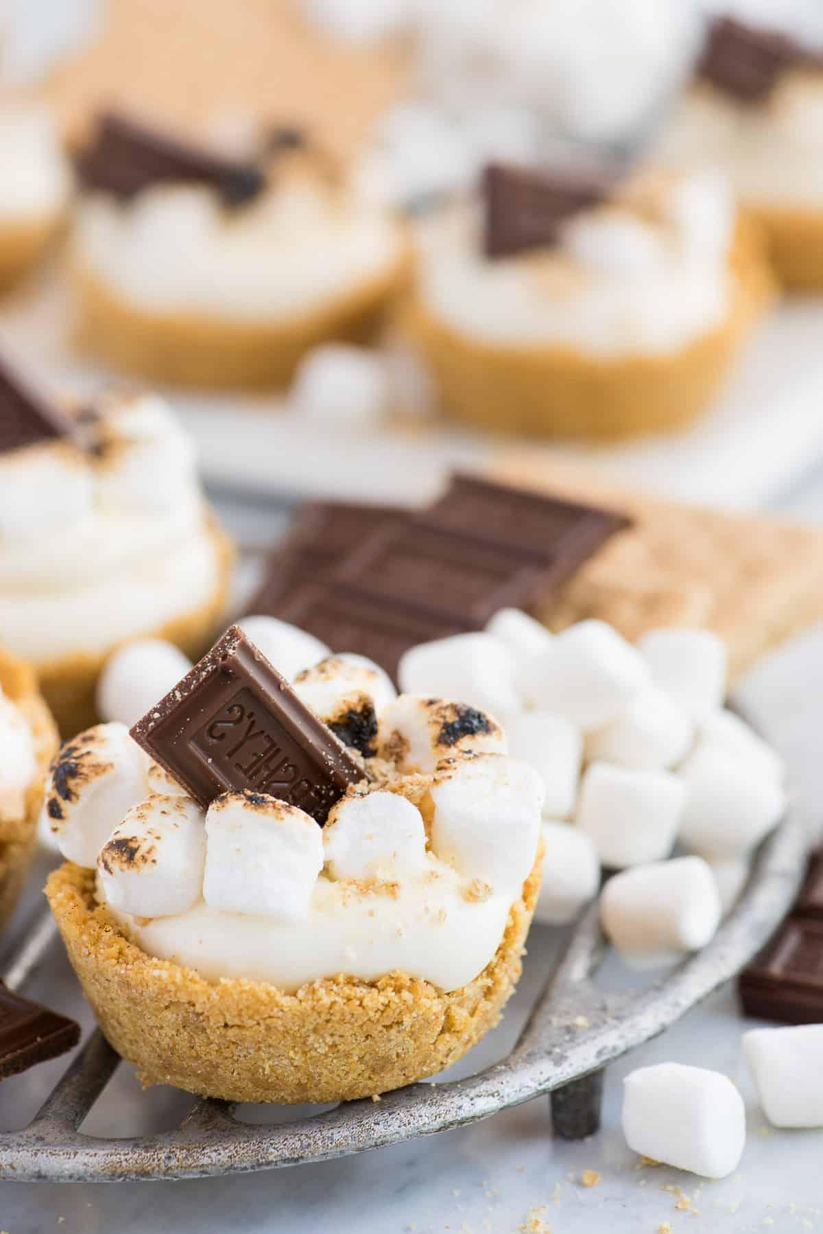 S'mores Cheesecake in Coppette Senza Cottura 4 Delle Mini Cheesecake S'mores in uno stampo per muffin, prima della guarnizione finale