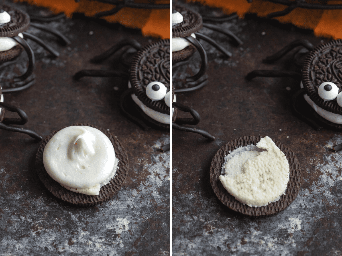 Un biscotto Oreo aperto e decorato con glassa, pronto per l'aggiunta delle zampe