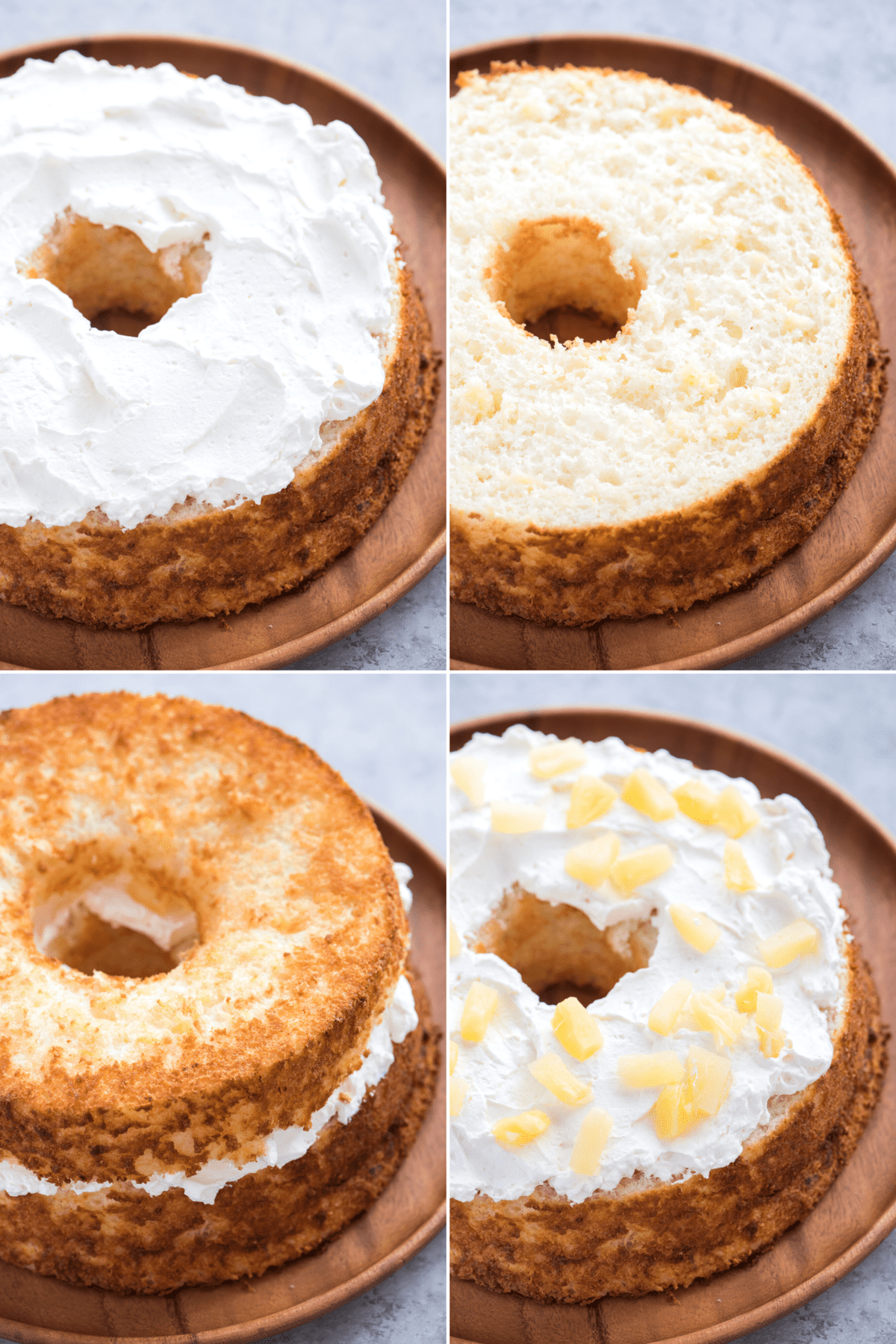 Collage che mostra come assemblare la torta Angel Food all'ananas