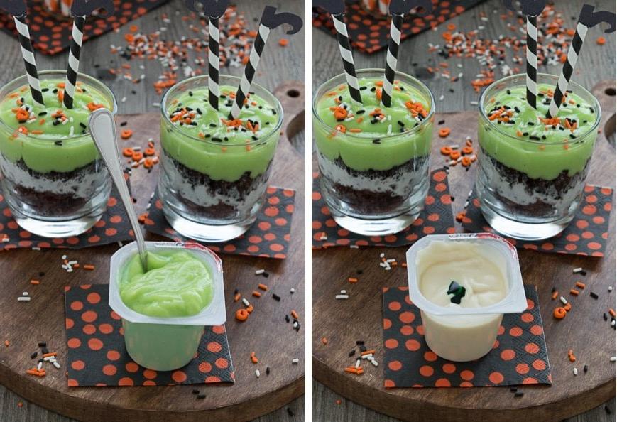 Festeggia Halloween con un parfait di budino. Mescola budino verde e aggiungi pezzi di brownie, panna montata e Oreo. Guarnisci il parfait con gambe di strega facili da realizzare!