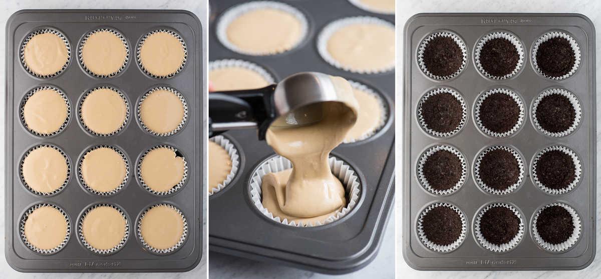 Questa è una ricetta di mini cheesecake al caffè che piacerà a tutti e che userai più e più volte! L'intera ricetta richiede solo 7 ingredienti e la prepari in uno stampo per muffin di dimensioni normali! Inoltre, puoi fare una base di Oreo o una base di cracker Graham per queste mini cheesecake all'espresso. #minicheesecake #coffeecheesecake #minicoffeecheesecake #espressocheesecake #mochacheesecake Immagine collage di come preparare mini cheesecake al caffè