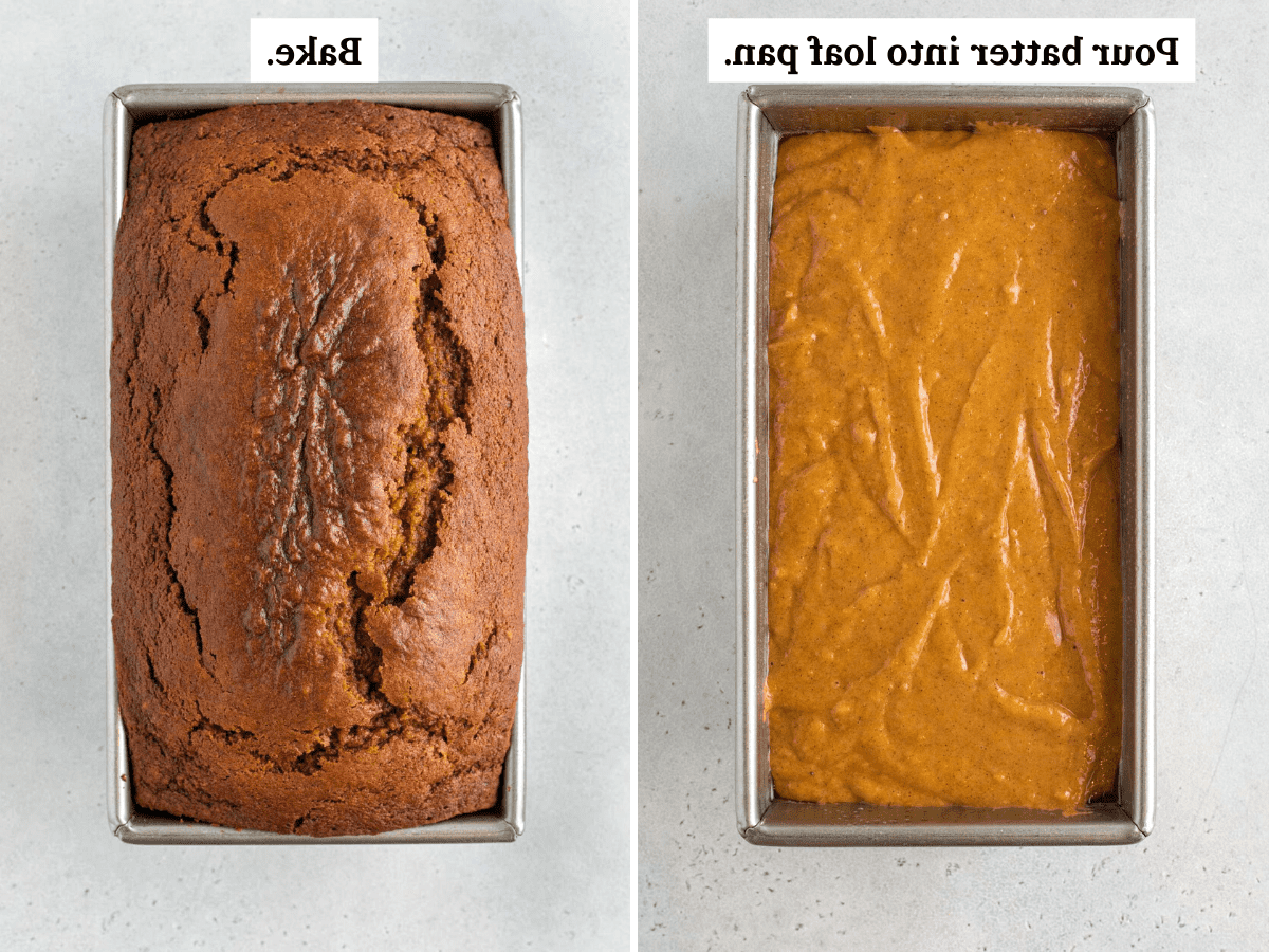 Impasto di pane di zucca senza glutine nello stampo e una foto successiva del pane cotto.