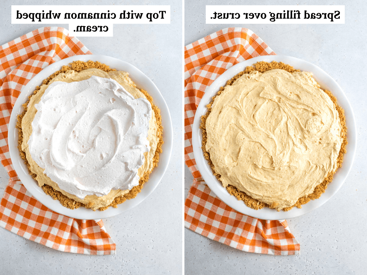 Questa torta di zucca senza cottura, veloce e facile, è leggera e cremosa - una deliziosa variante della classica torta di zucca. I passaggi mostrano la torta di zucca senza cottura spalmata nella crosta e guarnita con panna montata.