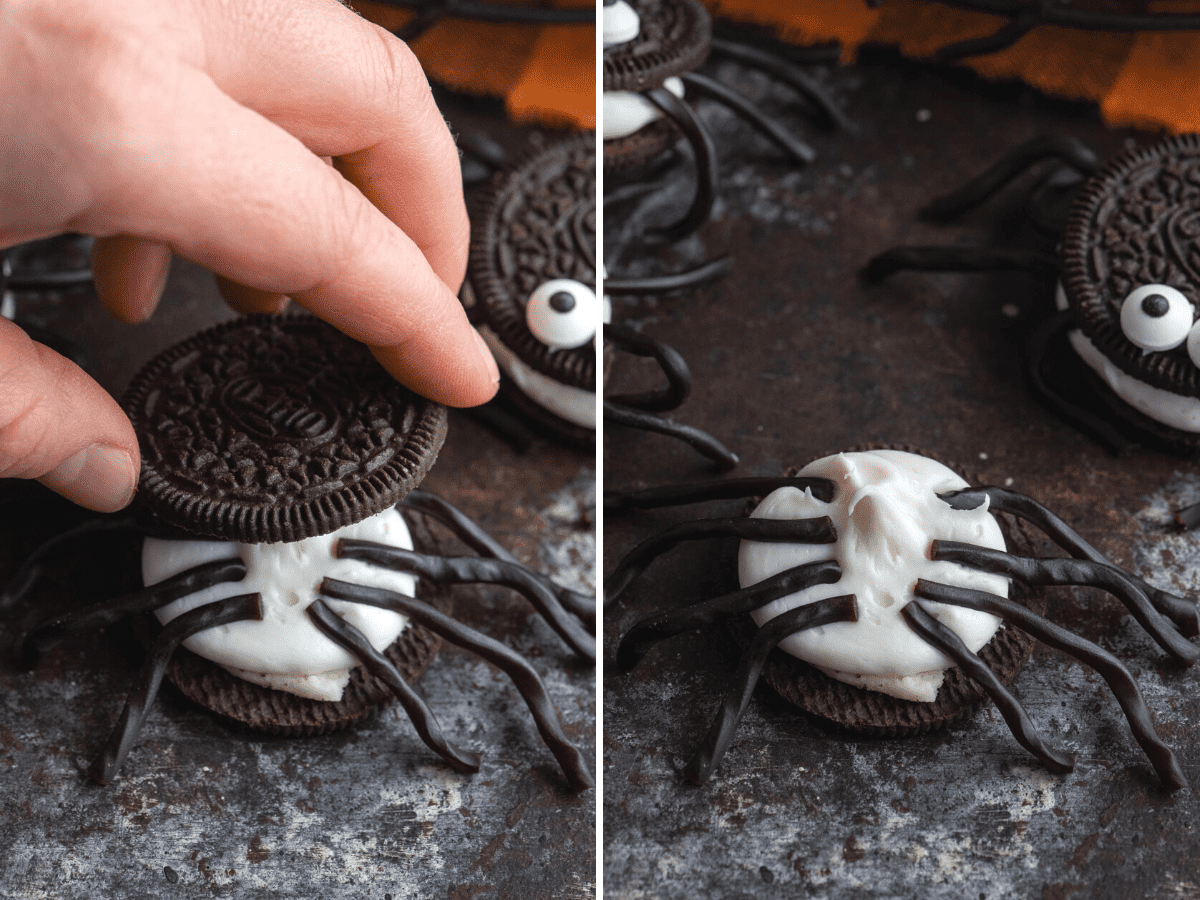 Fili di liquirizia inseriti in un Oreo con glassa per formare le zampe di un ragno