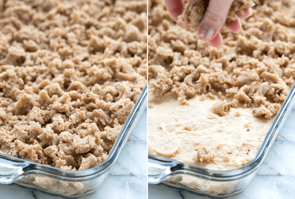 Ricetta della Copertura Sbriciolata 6 copertura crumble aggiunta a torta in teglia di vetro 9x13 pollici