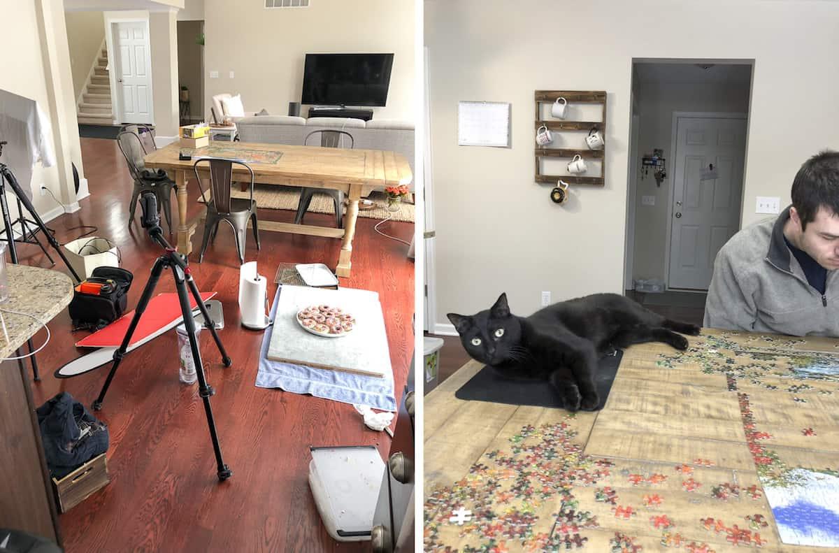 Il nostro gatto che gioca con un puzzle e ciambelle alla vaniglia