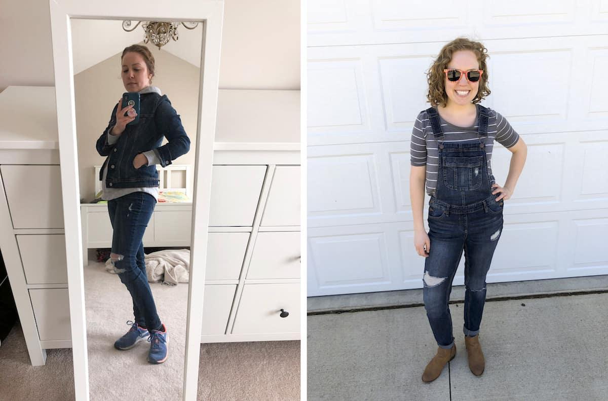 Amici in salopette e denim su denim