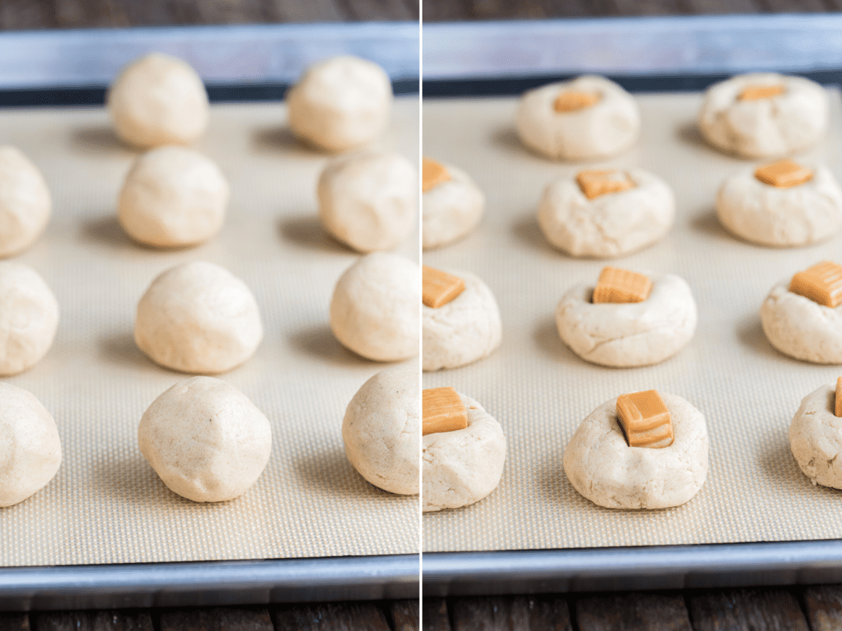 Biscotti alle Mele e al Caramello 4 cookie dough balls with caramel pieces in the center collage