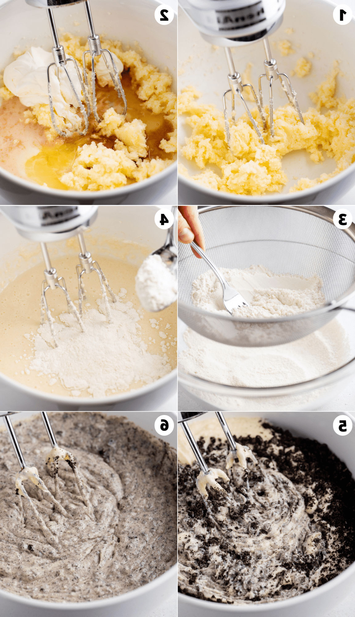 Questa torta Oreo fatta in casa è umida, ricca di sapore cookies-and-cream ed è più facile da fare di quanto tu possa pensare. Una torta a strati in stile pasticceria, fatta in casa! 6 foto che mostrano il processo di preparazione dell'impasto della torta Oreo