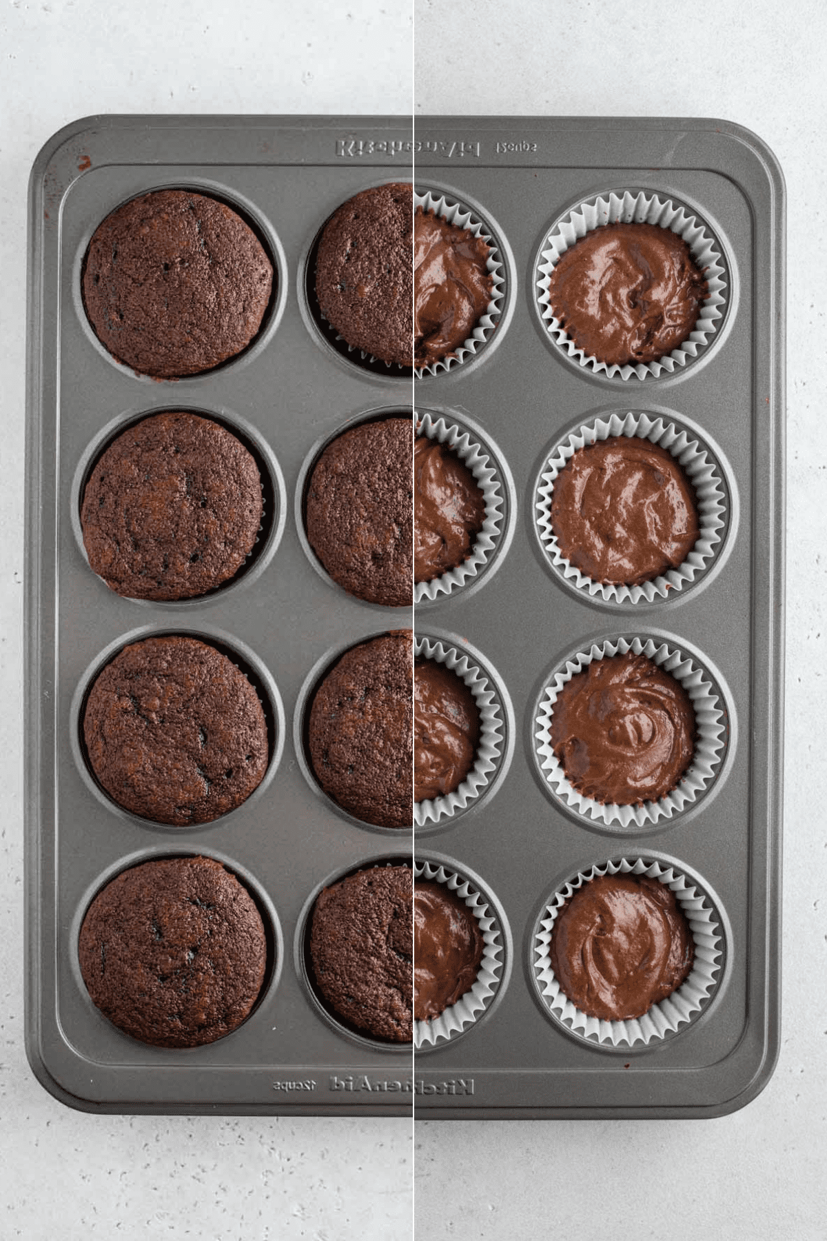 Cupcakes al cioccolato 4 Immagine divisa: impasto di cupcake al cioccolato in teglia per muffin e cupcake al cioccolato cotti in teglia per muffin su sfondo bianco