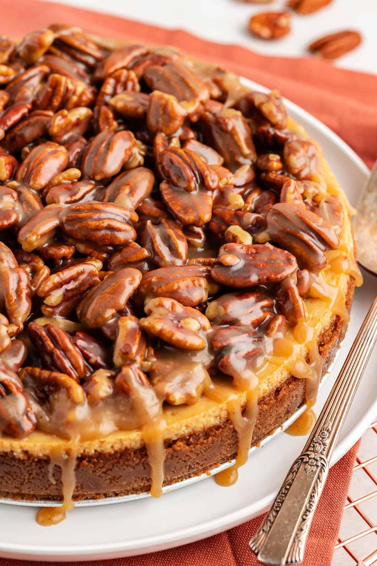 La Migliore Ricetta per Cheesecake alla Torta Pecan 5 Primo piano di una cheesecake alle noci pecan su un piatto da portata bianco sopra un panno arancione bruciato su una griglia con noci pecan sparse intorno