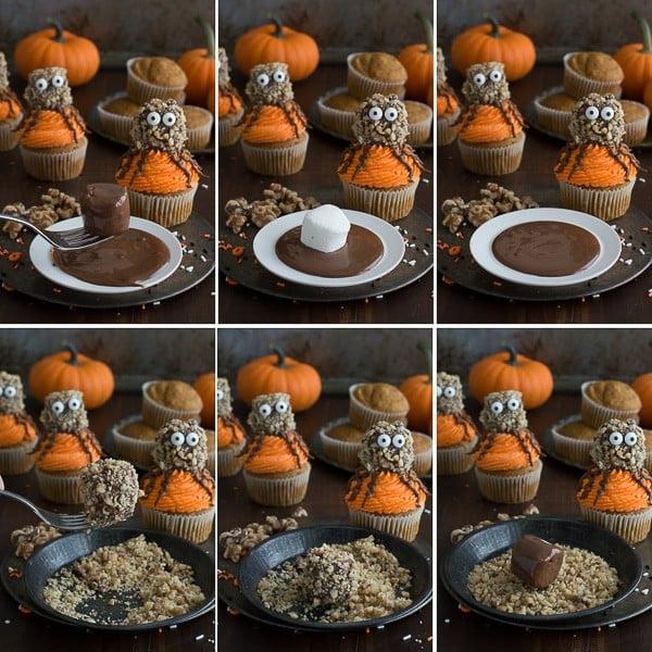 Cupcake ragno di zucca e noci completamente assemblati e pronti per la festa!