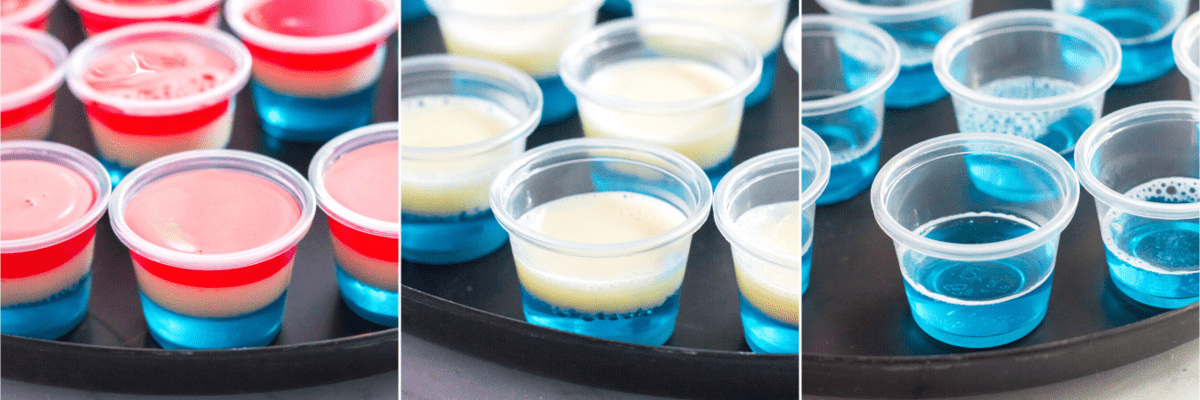 Shot di Gelatina Rossi, Bianchi e Blu con Vodka 5 Tre foto che mostrano il processo di creazione degli strati rossi, bianchi e blu per i jello shots