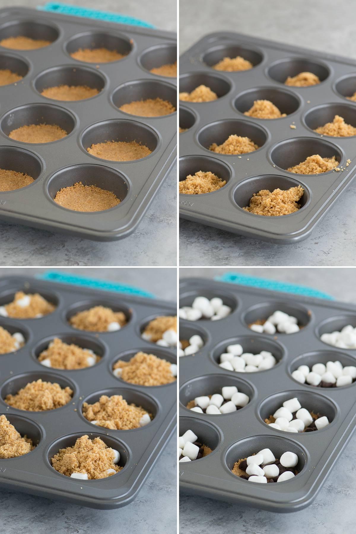 Tazze S'mores al Forno con 5 ingredienti! Preparale in uno stampo per muffin standard. Un incrocio tra biscotti s'mores e cupcake s'mores! Collage fotografico - ingredienti delle Tazze S'mores in uno stampo per muffin: biscotti Graham, marshmallow e gocce di cioccolato.