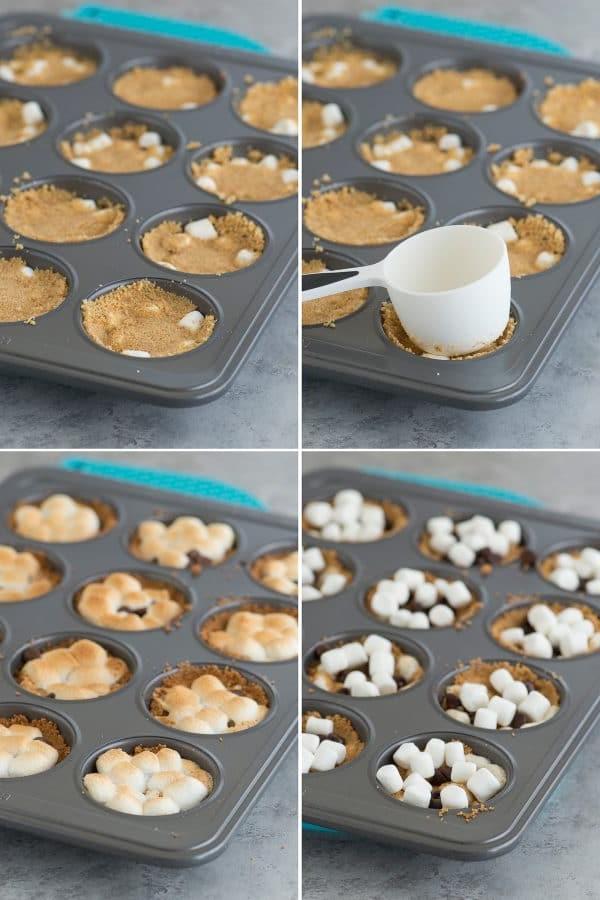 Tazze S'mores al Forno con 5 ingredienti! Preparale in uno stampo per muffin standard. Un incrocio tra biscotti s'mores e cupcake s'mores! Collage fotografico - Utilizzo di un misurino per pressare la base di biscotto per queste deliziose Tazze S'mores da forno in uno stampo per muffin.