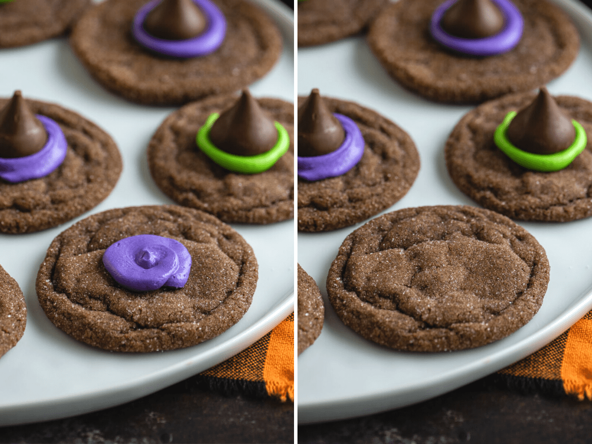 Morbidi biscotti al cioccolato sormontati da un bacio di cioccolato, glassa e zuccherini, questi Biscotti Cappello da Strega sono un dessert di Halloween facile. Due foto di biscotti al cioccolato, uno con glassa viola sopra