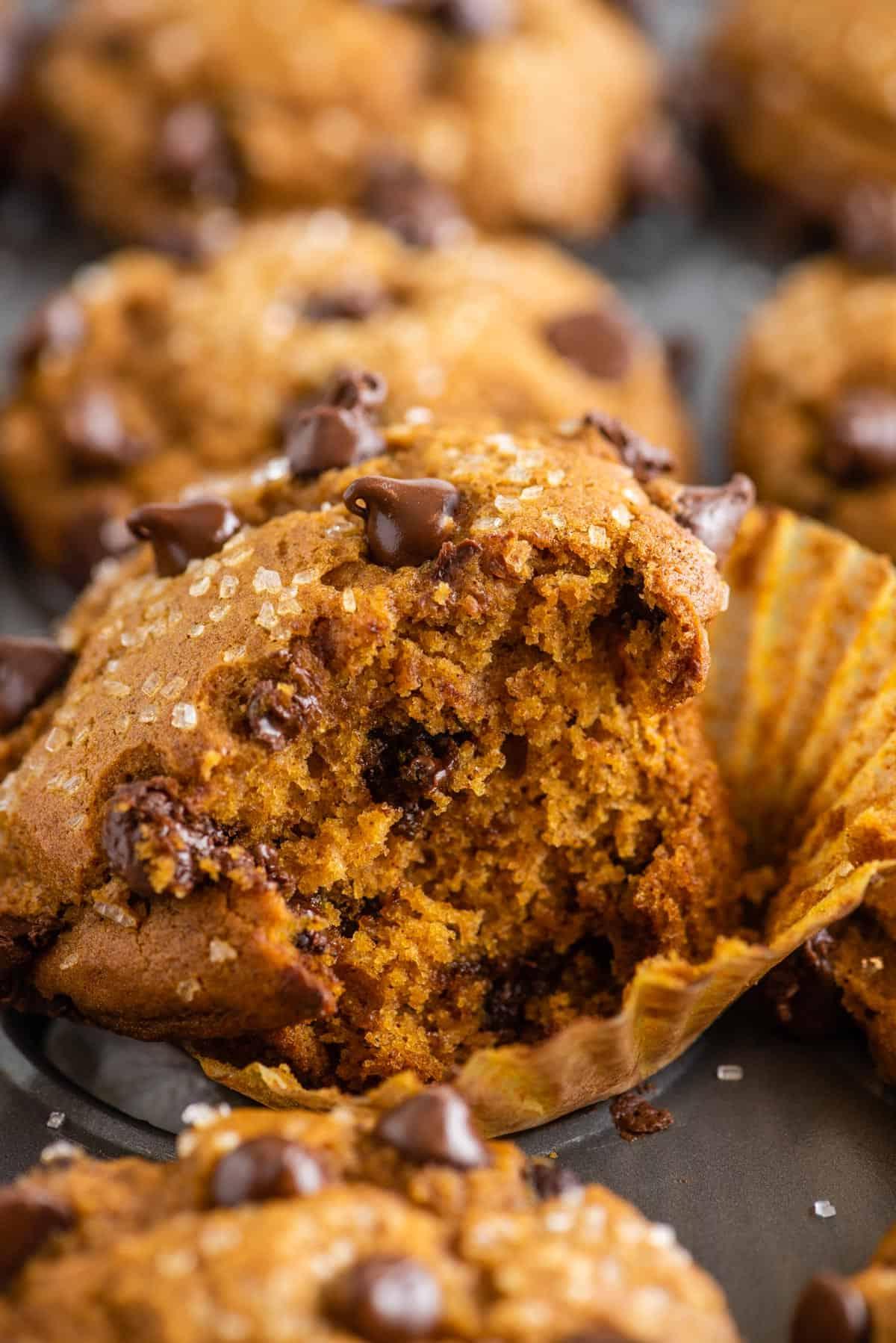 Muffin alla Zucca e Streusel Senza Glutine 10 Muffin di zucca e gocce di cioccolato con un morso preso in una teglia di metallo
