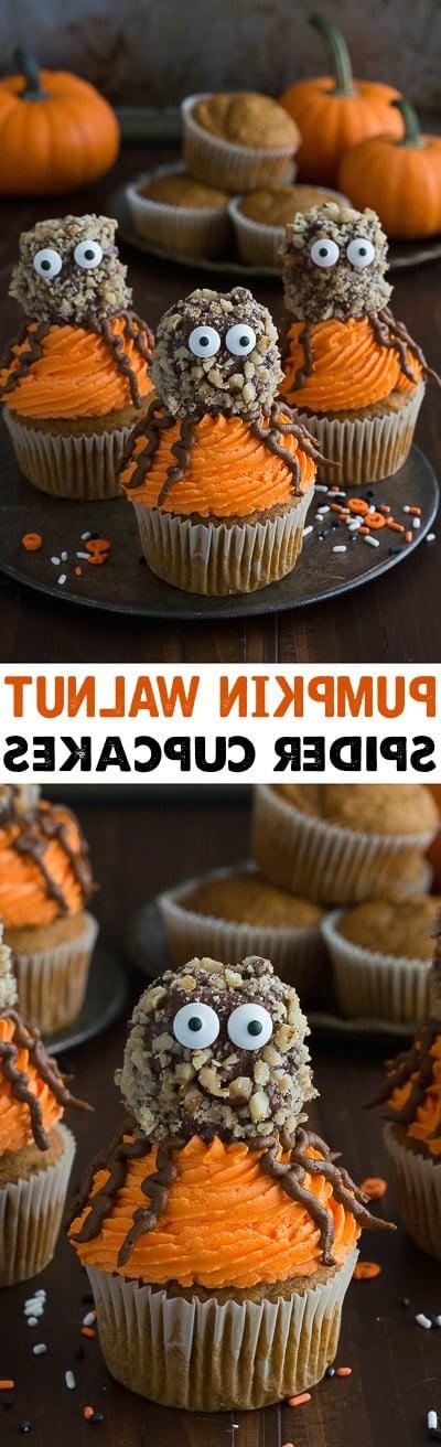 Cupcakes Ragno di Zucca e Noci 10 Prepara questi divertenti cupcake ragno di zucca e noci per Halloween! Immagine verticale per Pinterest
