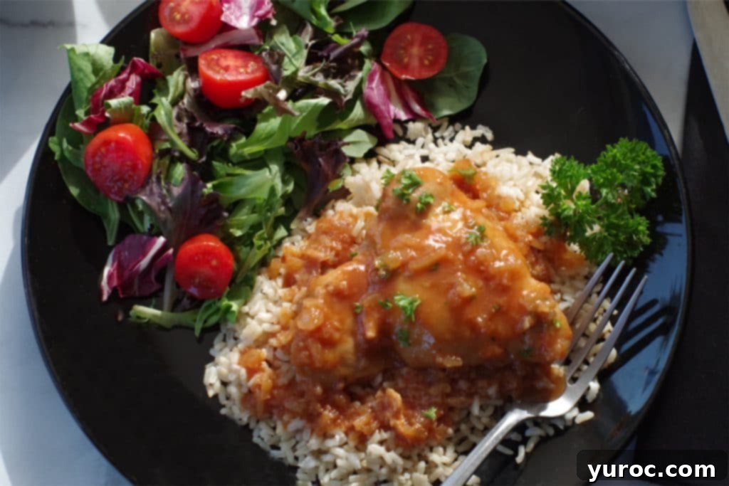 Chicken in a Hurry on a bed of rice, with spring mix salad, on a black plate with a fork