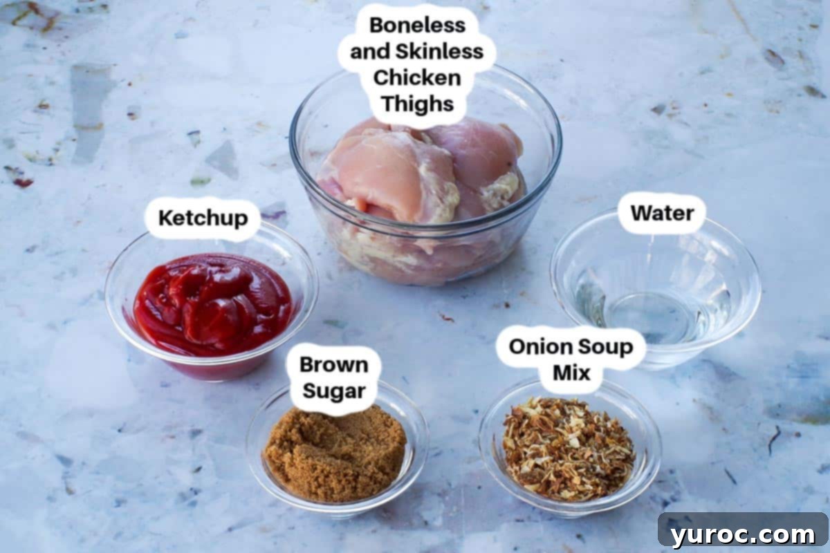 Chicken in a Hurry recipe ingredients in a glass bowls, labelled.