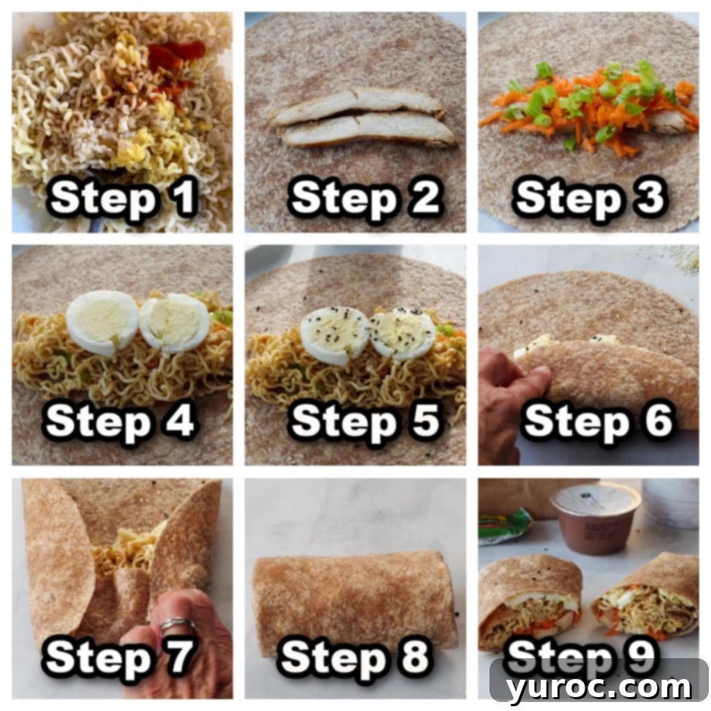 Ramen Roll 5 collage of 9 photos showing how to assemble a ramen wrap