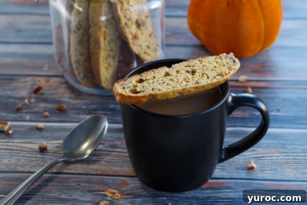 Crisp pumpkin spice biscotti on a black mug, with a jar of pumpkin biscotti in the background, perfect for fall