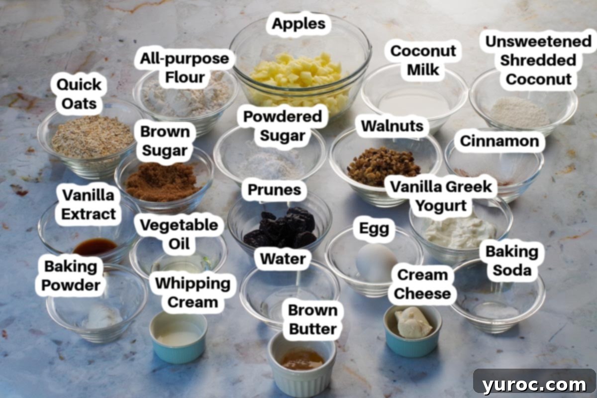 Ingredients in Apple Walnut Bread in glass bowls, labelled.