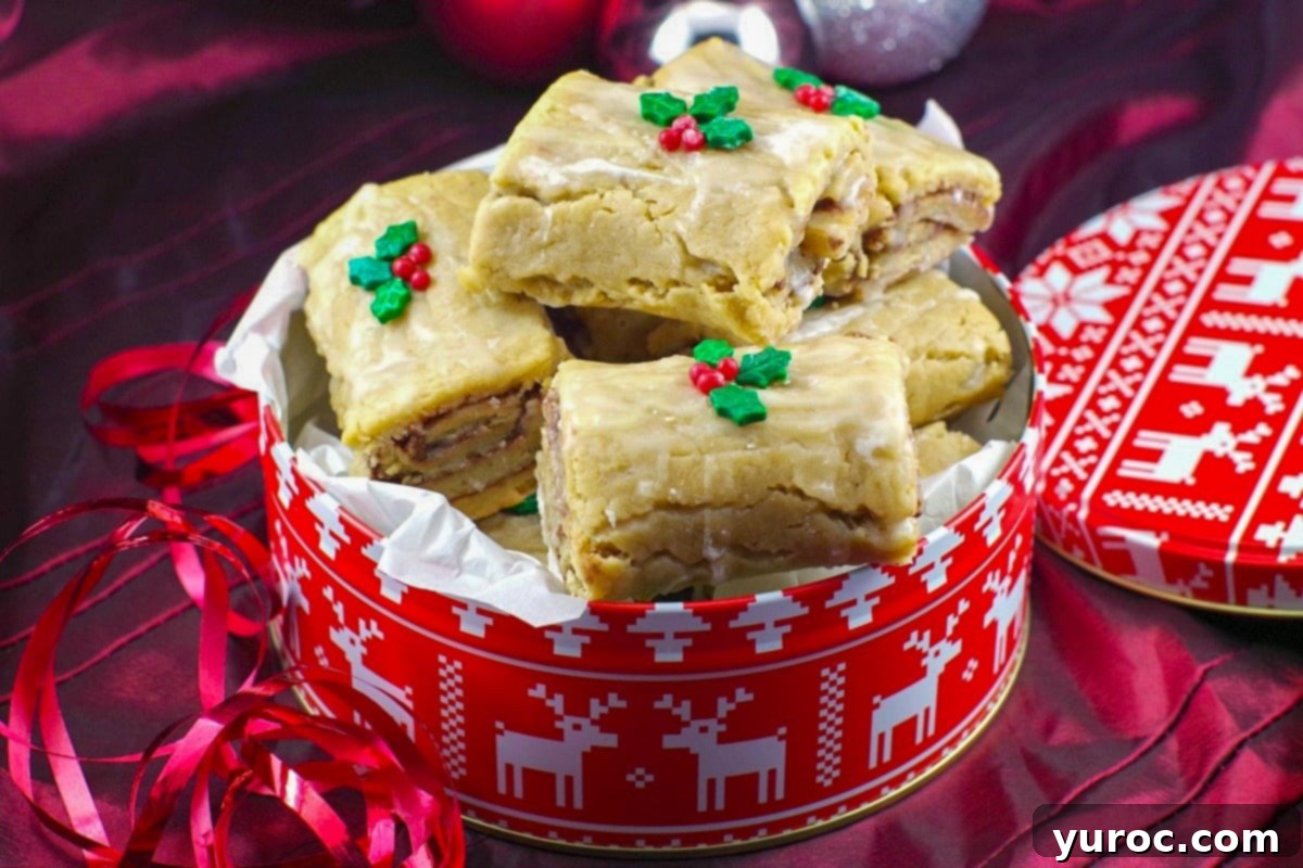 Gingerbread Yule log cookies in a red and white Christmas cookie tin