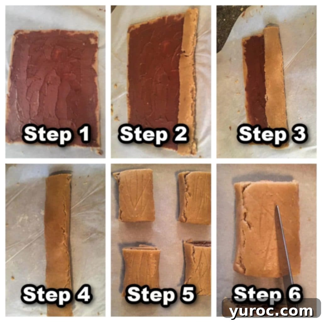 collage of 6 photos showing how to assemble gingerbread yule log cookies