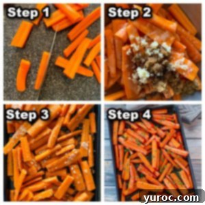Collage of 4 photos showing the step-by-step process of making healthy roasted carrots with brown sugar.