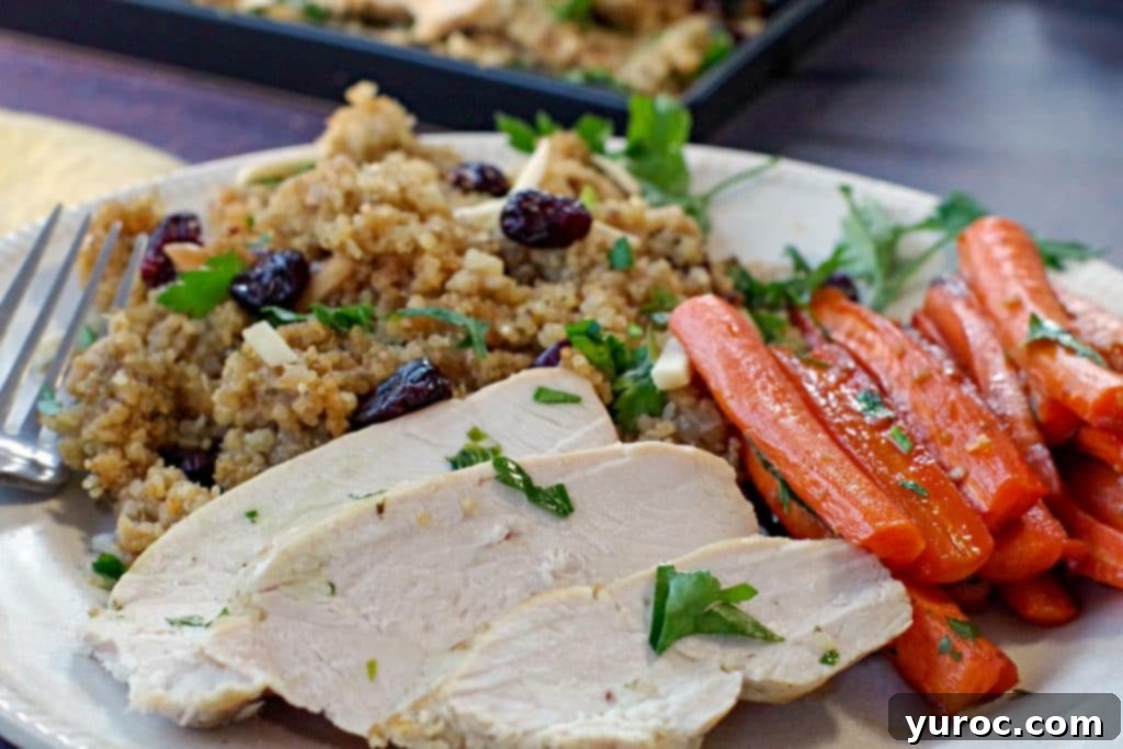 Wholesome Brown Sugar Glazed Carrots 3 Slices of slow cooker boneless turkey breast on a white plate with glazed carrots and quinoa dressing, presenting a complete, healthy meal.